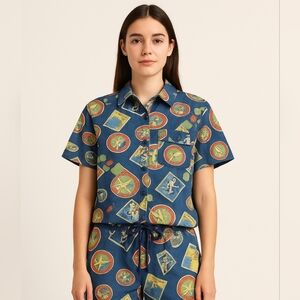 Woman 2-Piece Matching Set Button-Up Shirt & Pants Vintage Print Casual